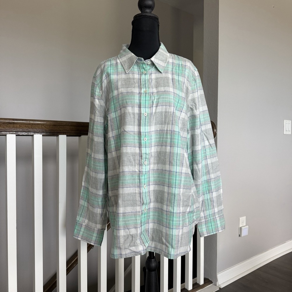 Talbots NWT Flannel Long Sleeve Metallic Plaid Button Up Womens XL Coastal Prep